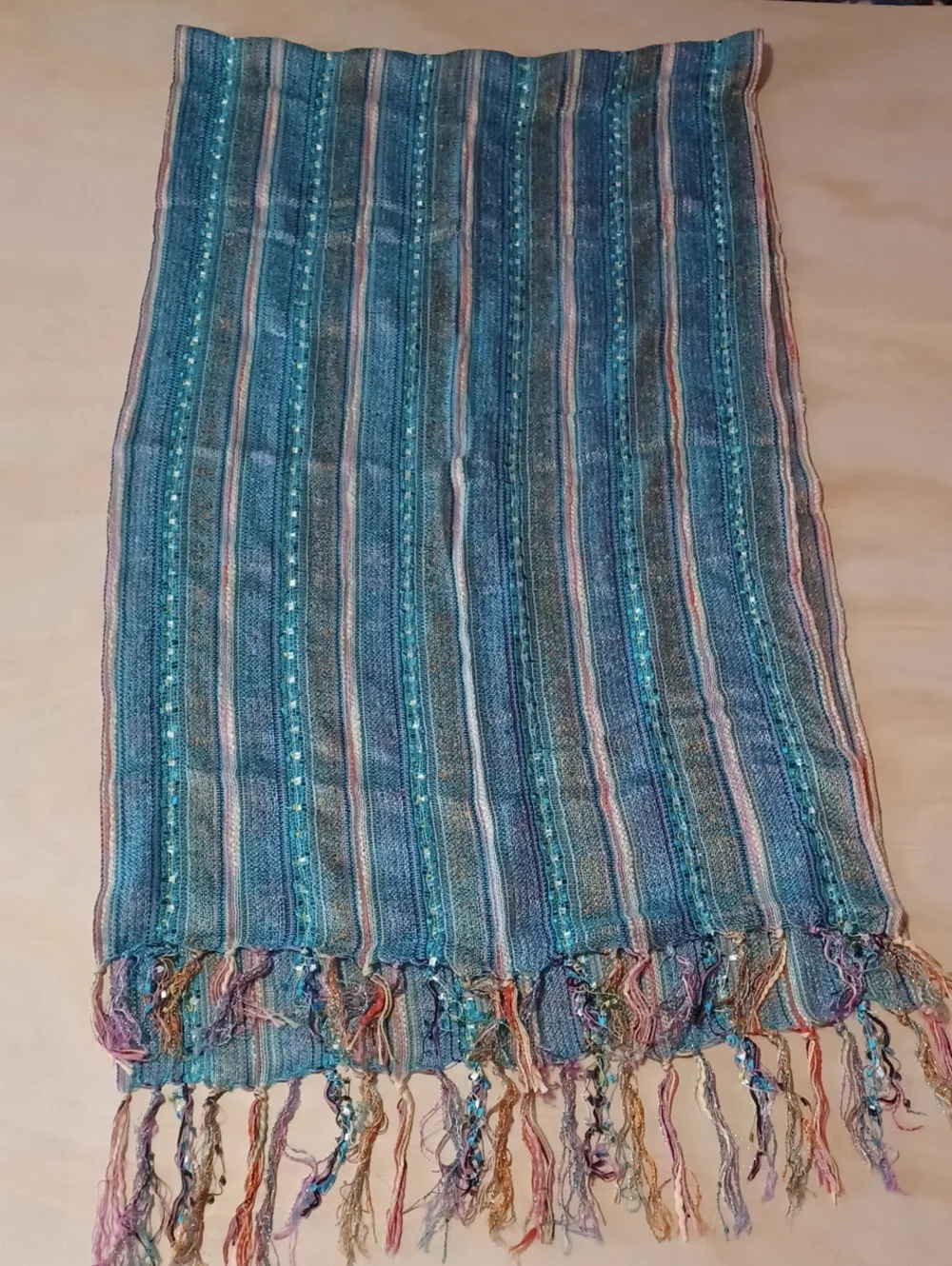 Boho Striped Fringe Scarf Shawl Wrap 72×20 Textured Open Knit Blue Pink Sparkle